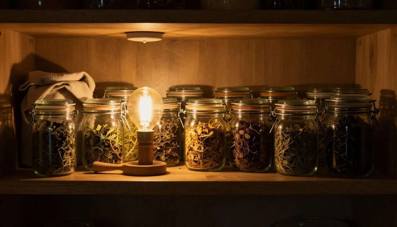 A UK kitchen pantry shelf at dusk with warm lamp light on small glass jars of dried herbs and a folded linen cloth