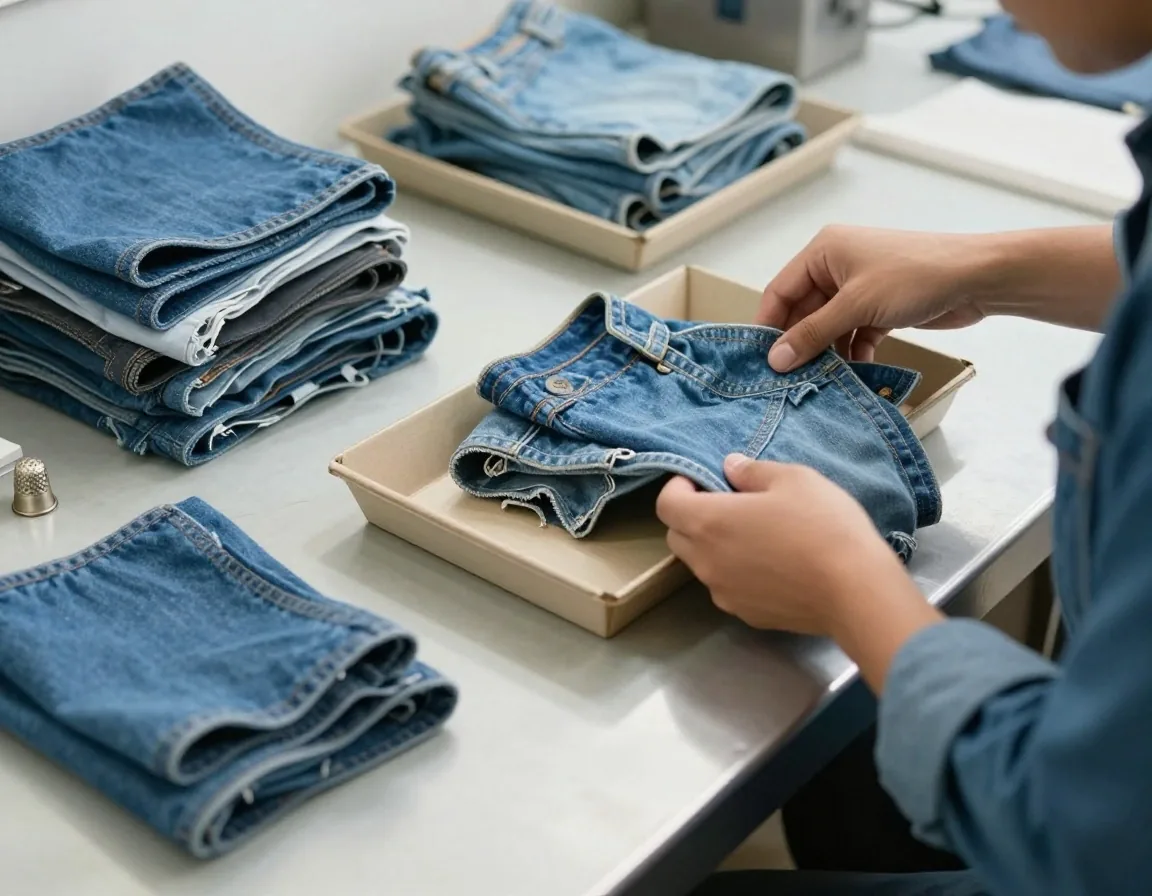 Hands sorting denim offcuts and worn cotton fabric on a pale steel work surface