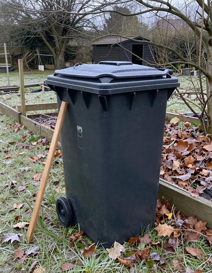 A garden compost bin with frost on the lid and fallen leaves banked against the base in a UK garden on a cold morning