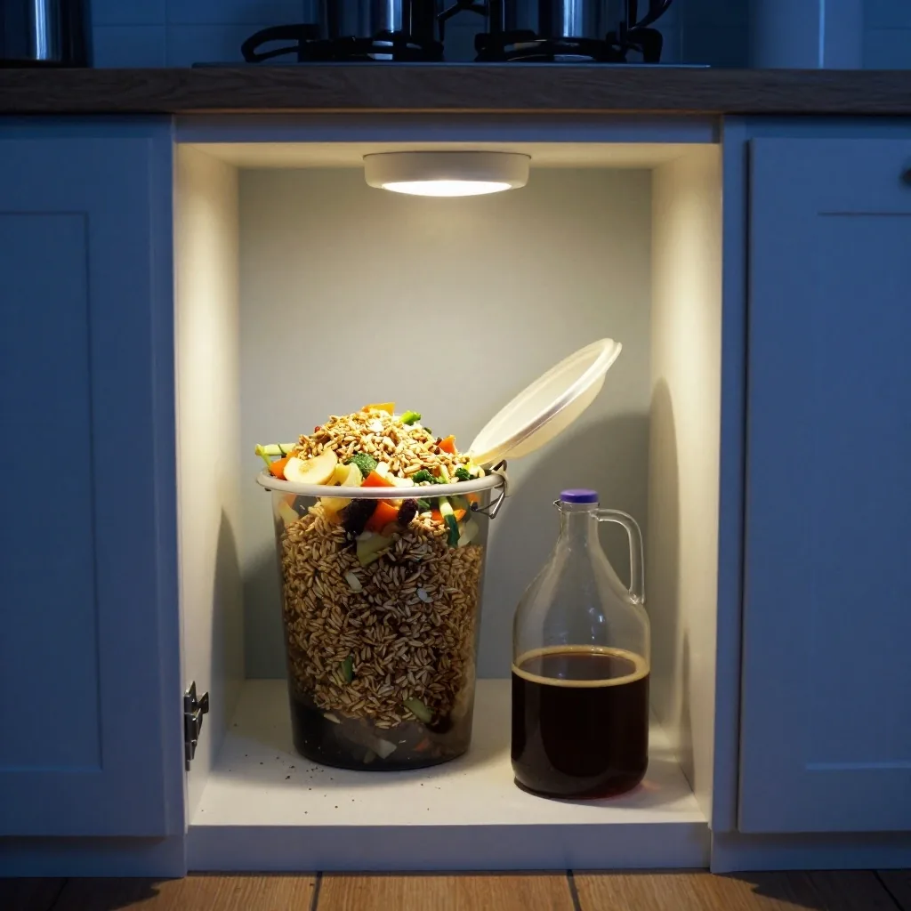A bokashi composting bucket open under a kitchen sink with bran-coated scraps and a jug of drained liquid beside it
