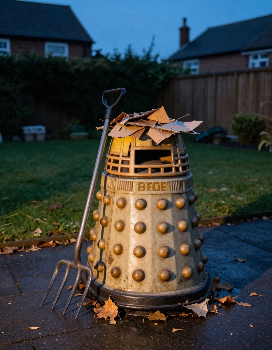 A dalek-style compost bin on paving in a shaded corner of a UK back garden with dry leaves and a garden fork
