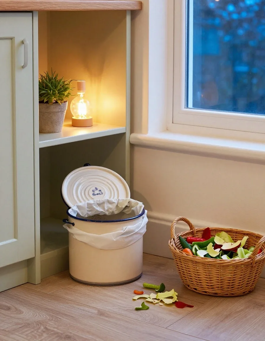 An open kitchen compost crock with food scraps, a cotton produce bag and a rolled beeswax wrap beside it
