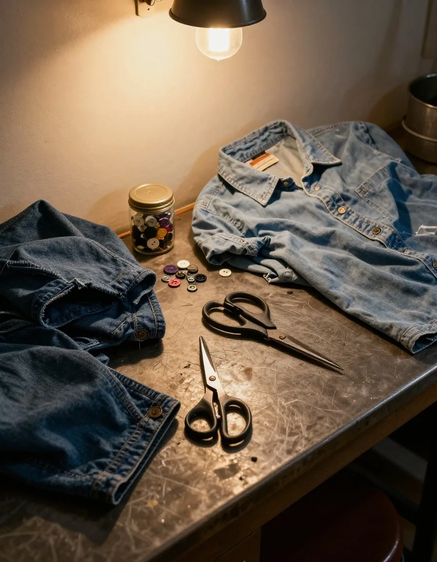 Denim offcuts and an old cotton shirt being sorted into reuse piles on a steel work surface