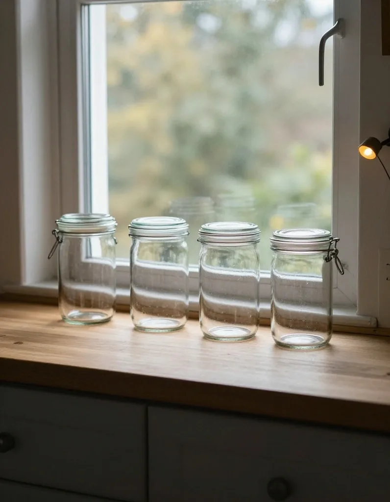Three clean glass storage jars on a kitchen windowsill lit by afternoon light and a warm lamp