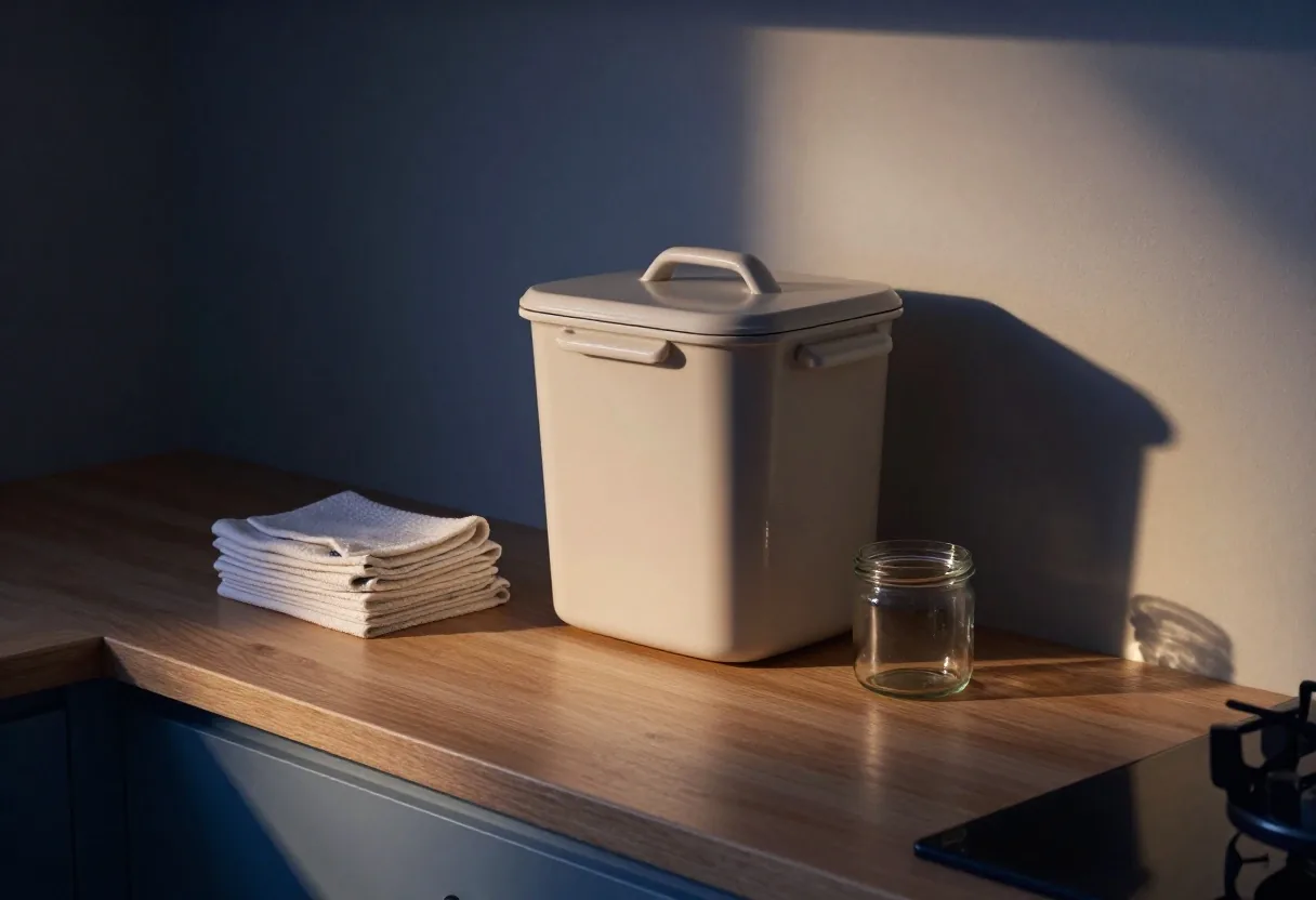 A small UK flat kitchen at dusk with a produce bag on a hook