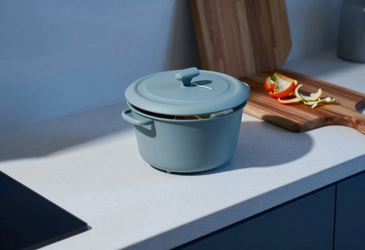 A countertop food waste caddy with vegetable peelings