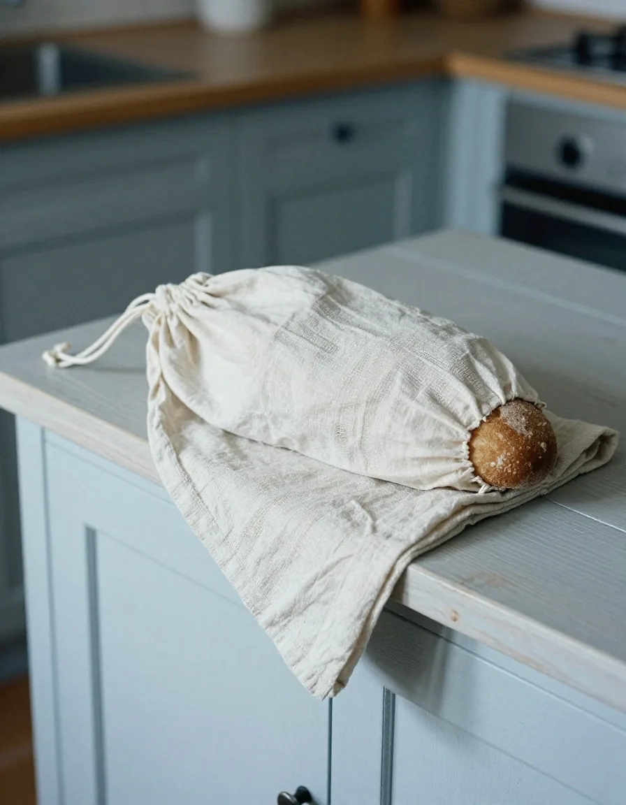A cotton bread bag and linen cloth on a kitchen counter