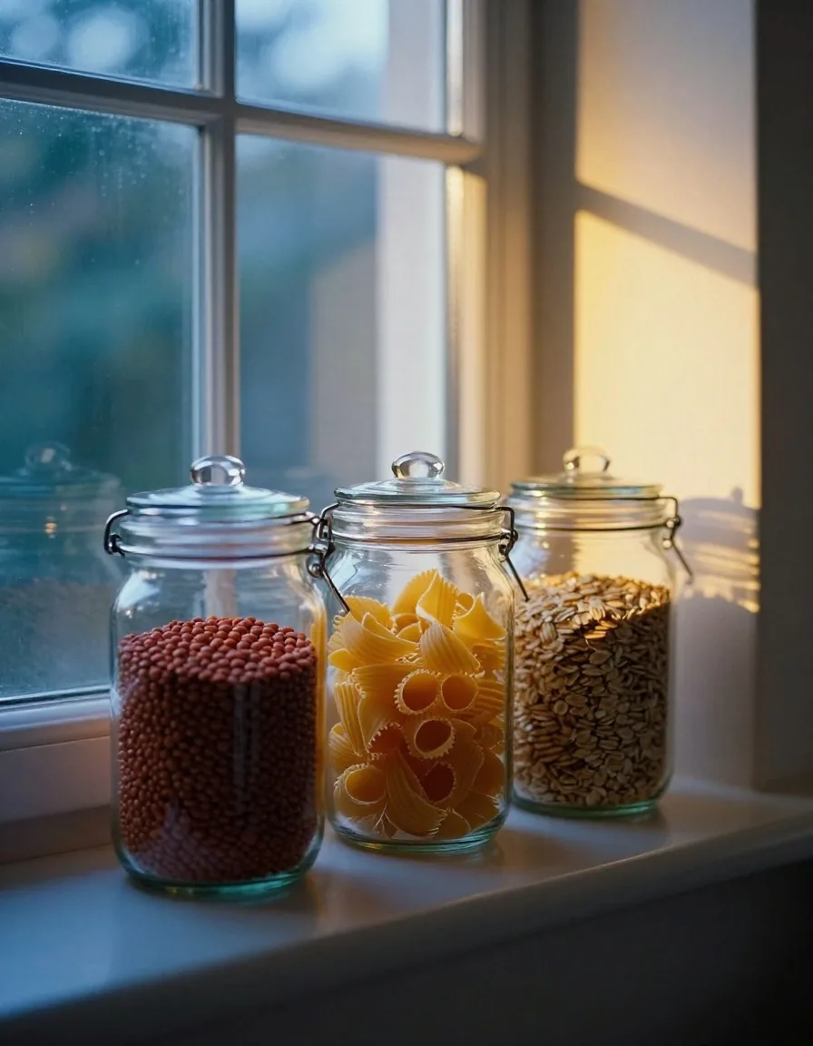 Three glass storage jars holding dry goods on a kitchen windowsill
