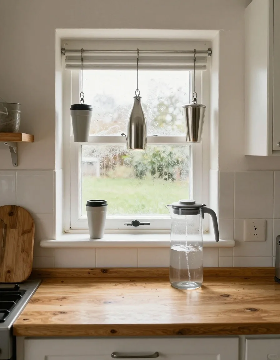 Reusable bottle, travel cup and a water filter jug on a worktop