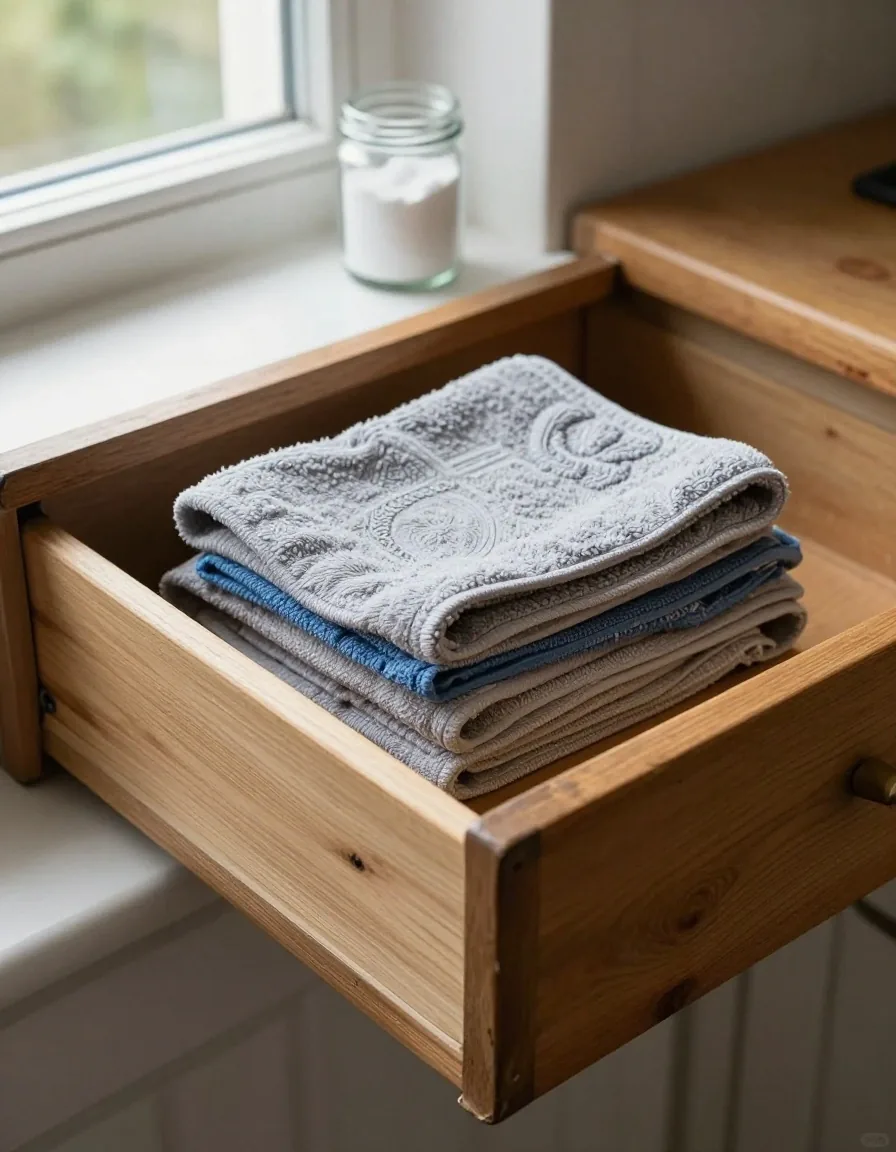 Squares cut from old towels stacked on a kitchen counter