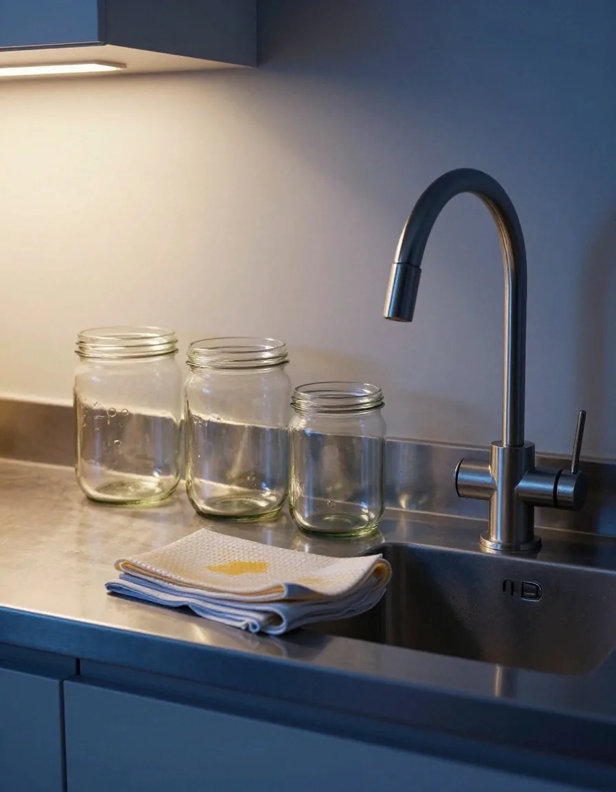 Repurposed glass jars and a beeswax wrap on a stainless kitchen counter at dusk