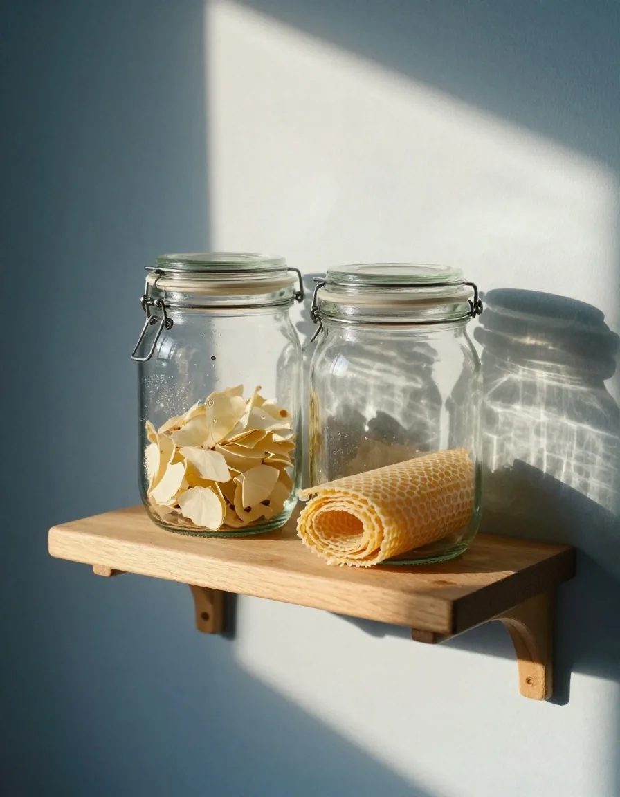 A repurposed glass jar with a beeswax wrap on a kitchen shelf, photographed in late-afternoon window light