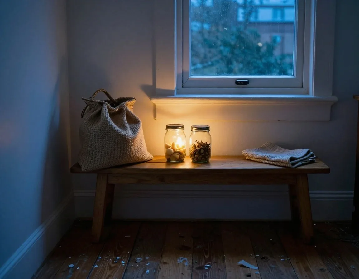 Reusable containers and cloth produce bags arranged on open kitchen shelving at dusk