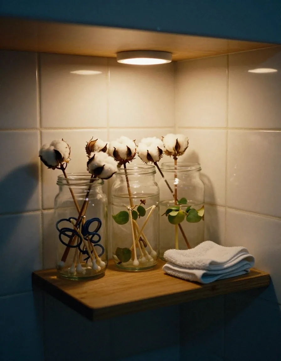Bathroom shelf with repurposed glass jars holding cotton buds, hair ties and plant cuttings