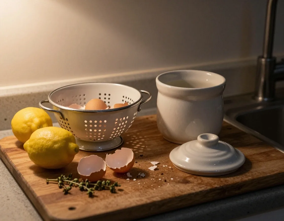 An open countertop compost caddy filled with vegetable peelings
