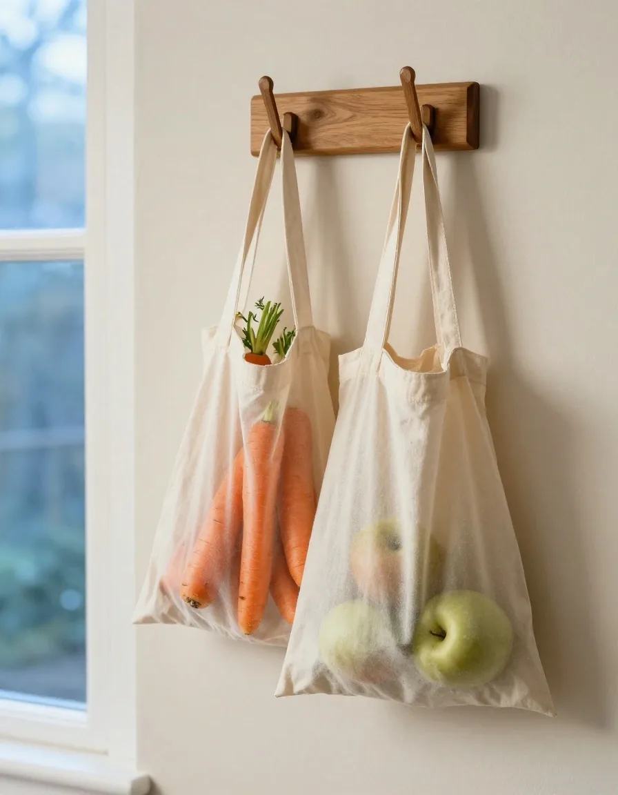 Reusable cotton produce bags holding loose carrots and apples