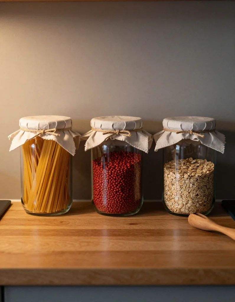 Three repurposed glass jars holding dry goods on a kitchen counter at dusk